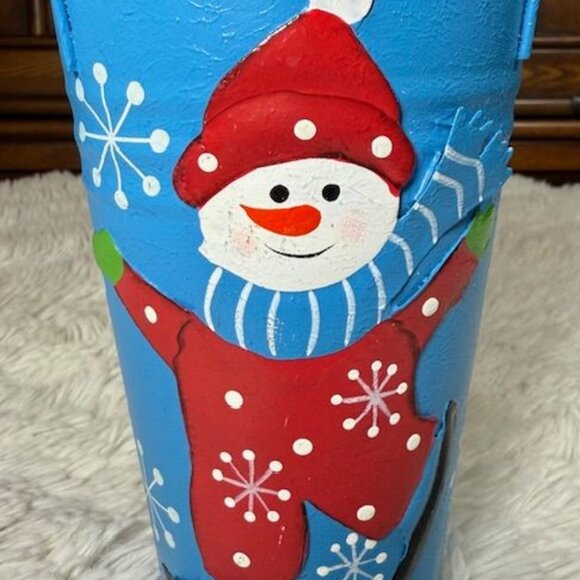 Vintage Blue Metal Snowman and Snowflakes Tall Handled Painted Pail - Picture 2 of 9